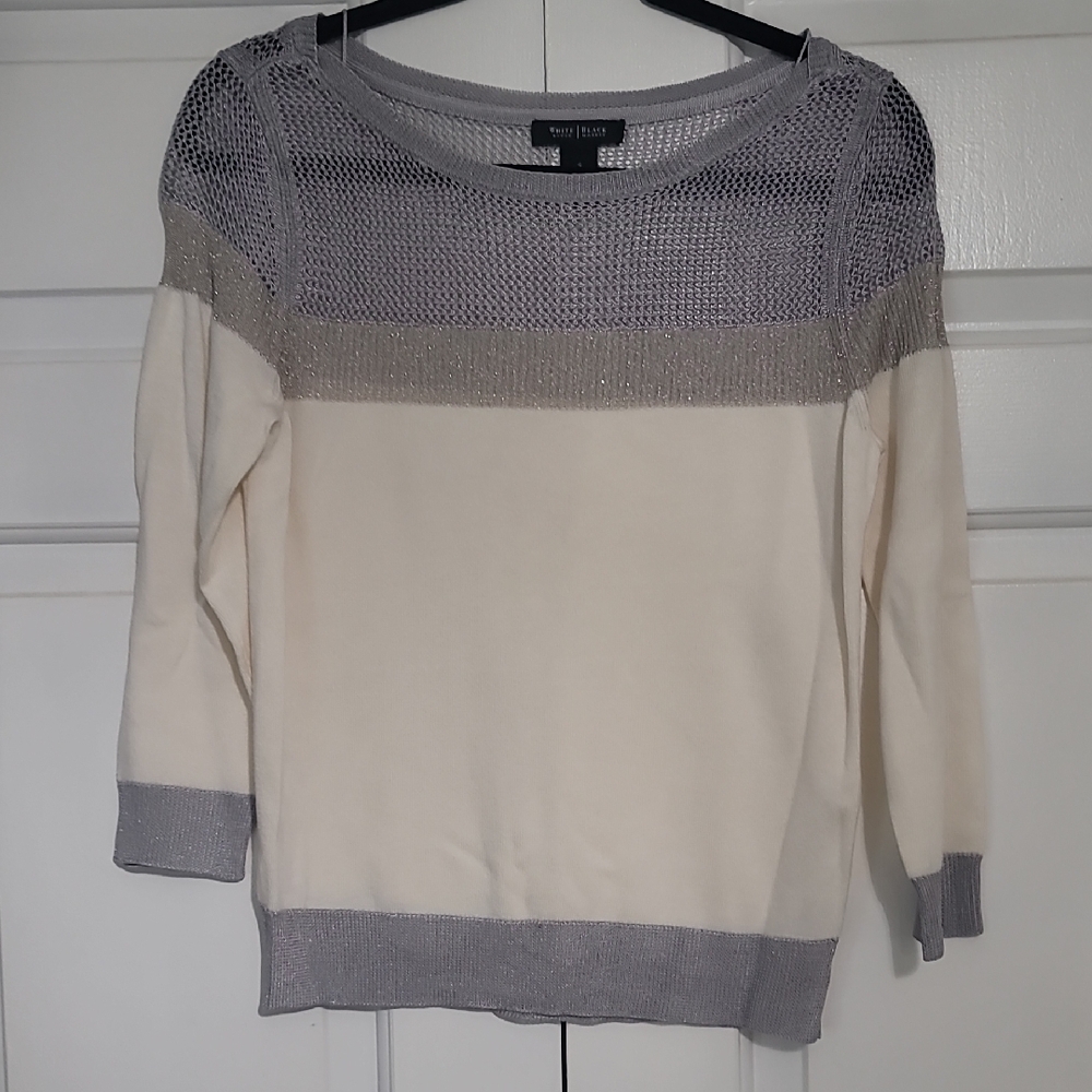 White House Black Market Cream and Silver Open-Knit Yoke Sweater